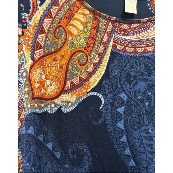 Women's Blue and Orange Paisley Print Chico's 3/4 Sleeve Blouse Size 2 - Picture 2 of 4